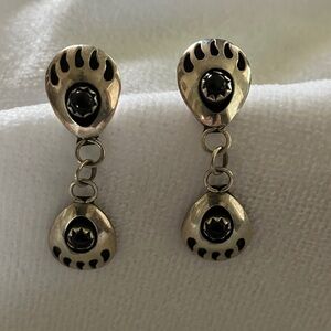 Black Onyx Double Bear Paw Earrings, 925 Sterling Silver, Native American USA